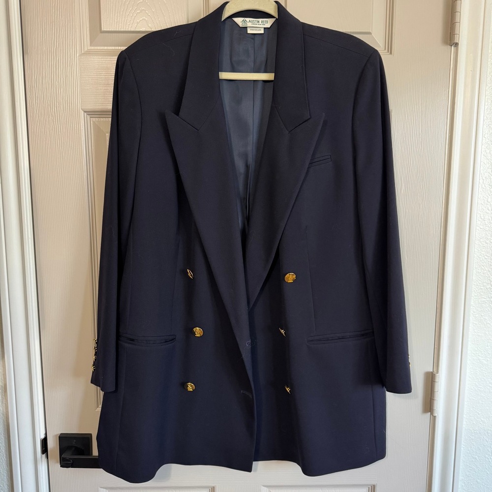 Austin Reed Navy Blue Worsted Wool Double Breasted Blazer Gold Crest Buttons 18W